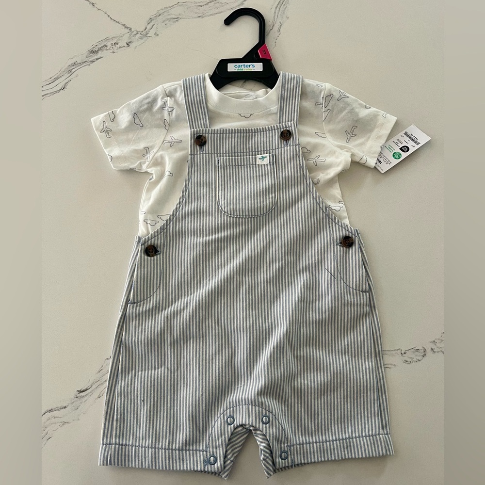 Carter's Blue and White Striped Overalls With Airplane Shirt 18M